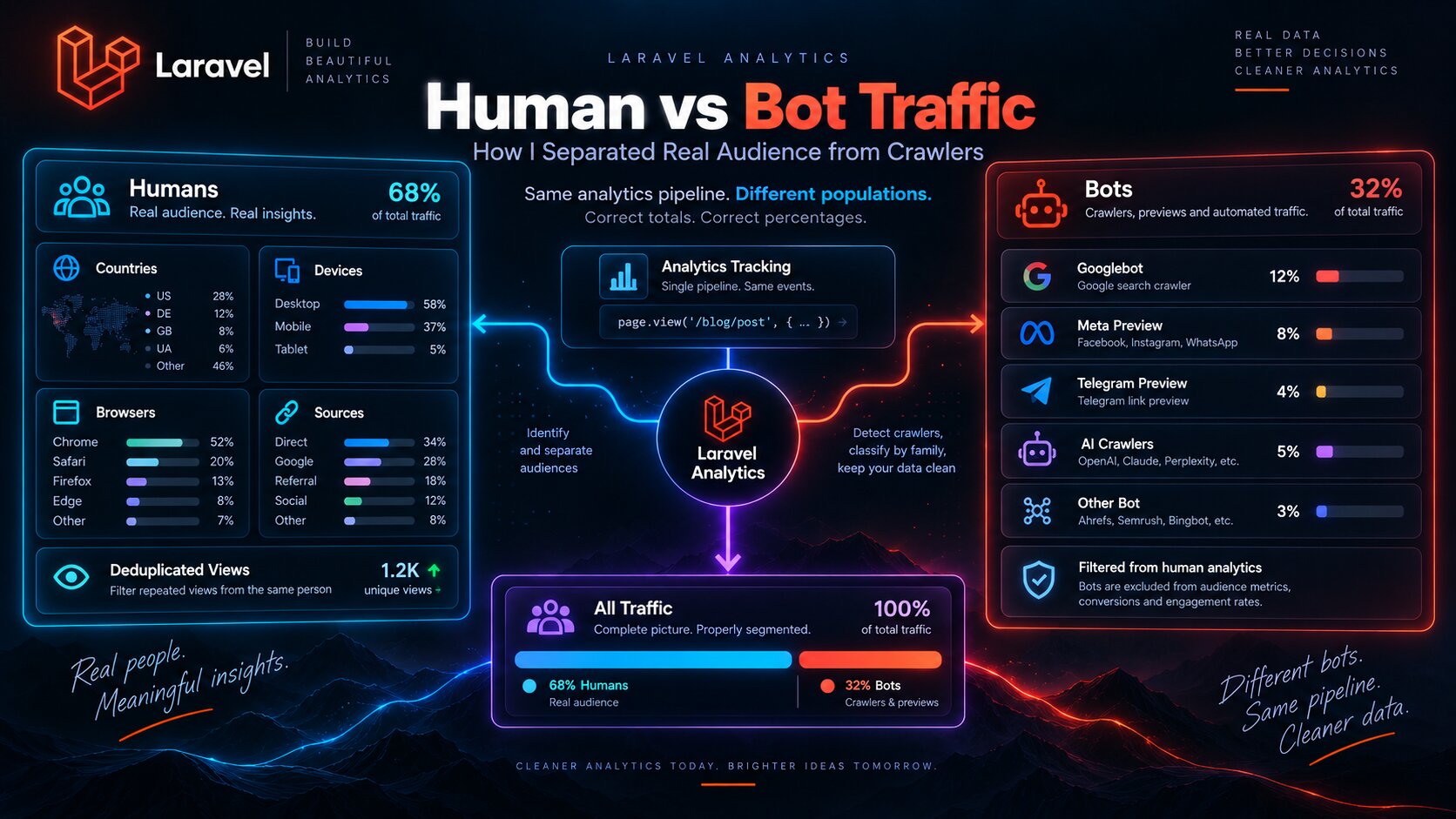 Laravel Analytics separates human traffic from bot traffic before calculating audience and traffic breakdowns