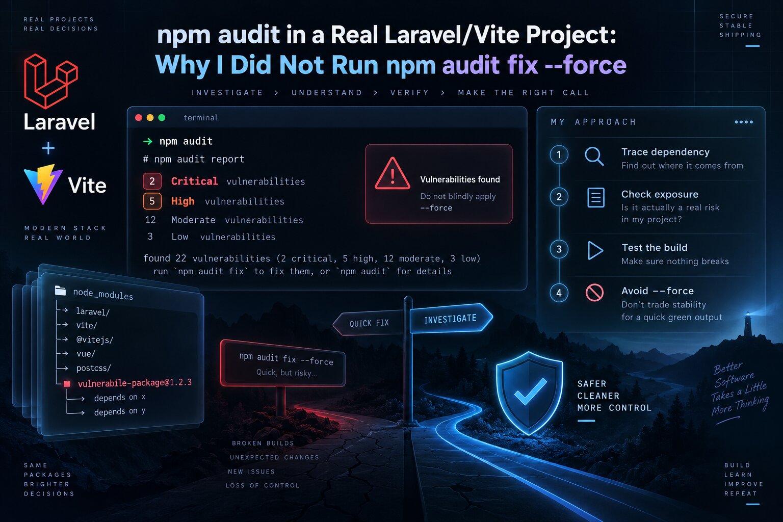 npm audit in a Laravel and Vite project showing critical and high vulnerabilities before dependency analysis