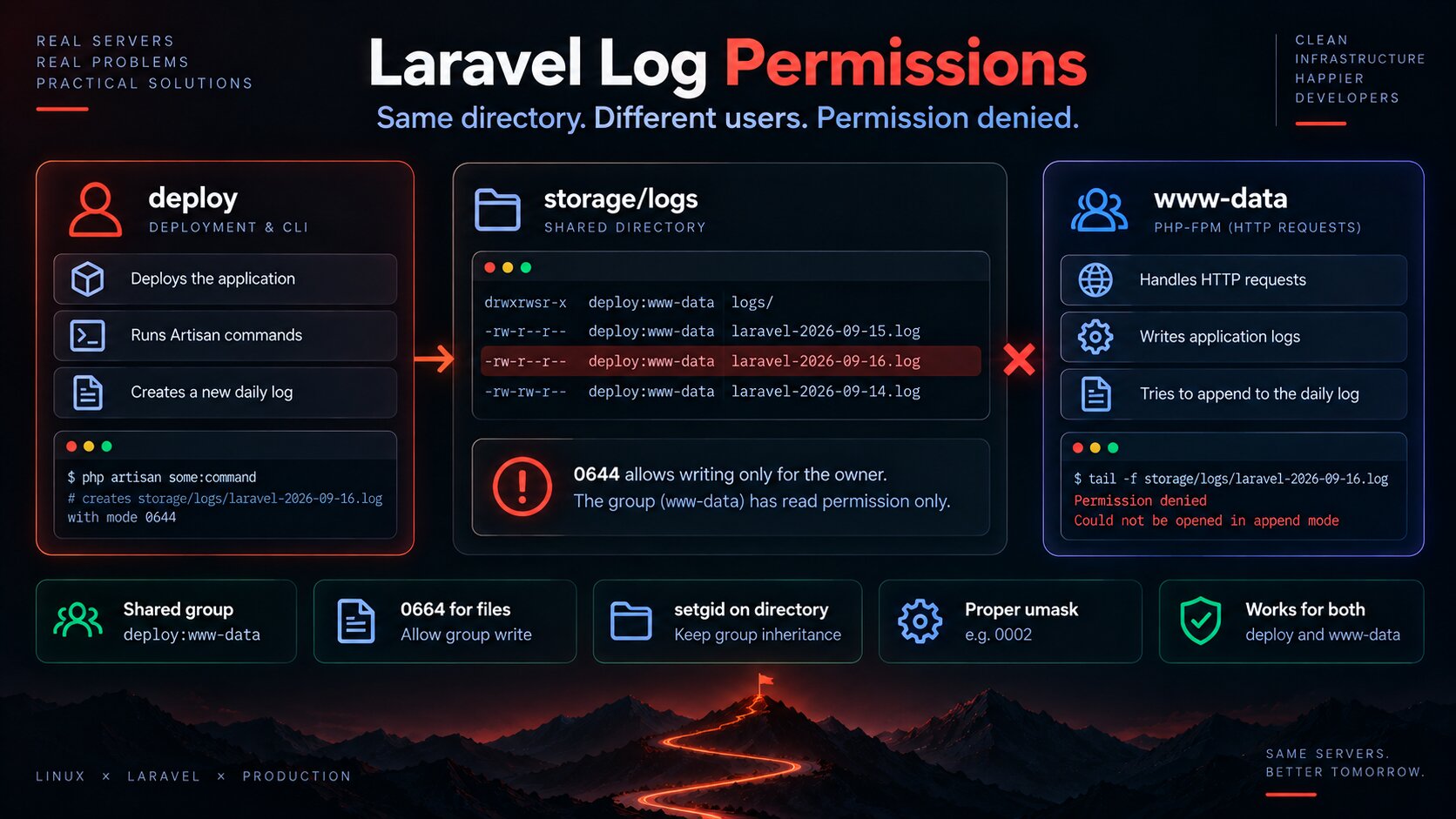 Laravel production log permission flow with deploy creating a daily log and www-data receiving Permission denied because the file is mode 0644
