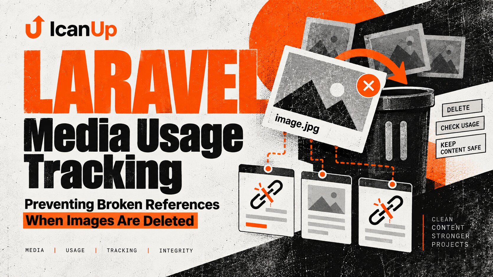 Light editorial ICanUp cover for a post about Laravel media usage tracking